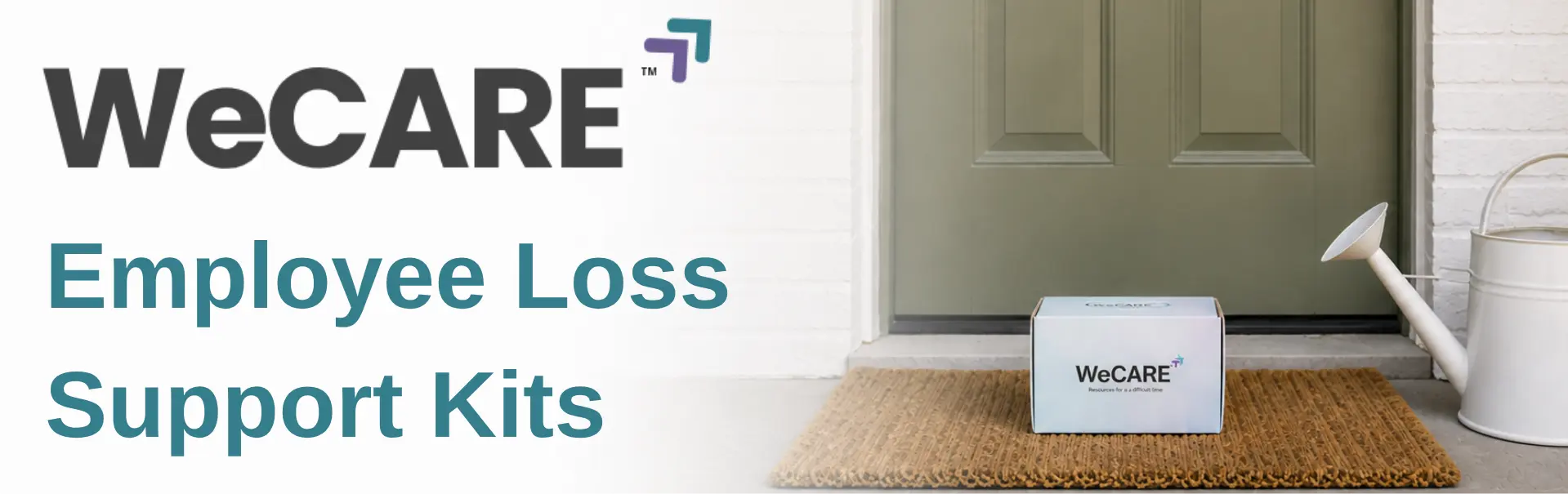 Photo of WeCARE support kit sitting on a doorstep. To the left there is the WeCARE logo and text saying "Employee Loss Support Kits"